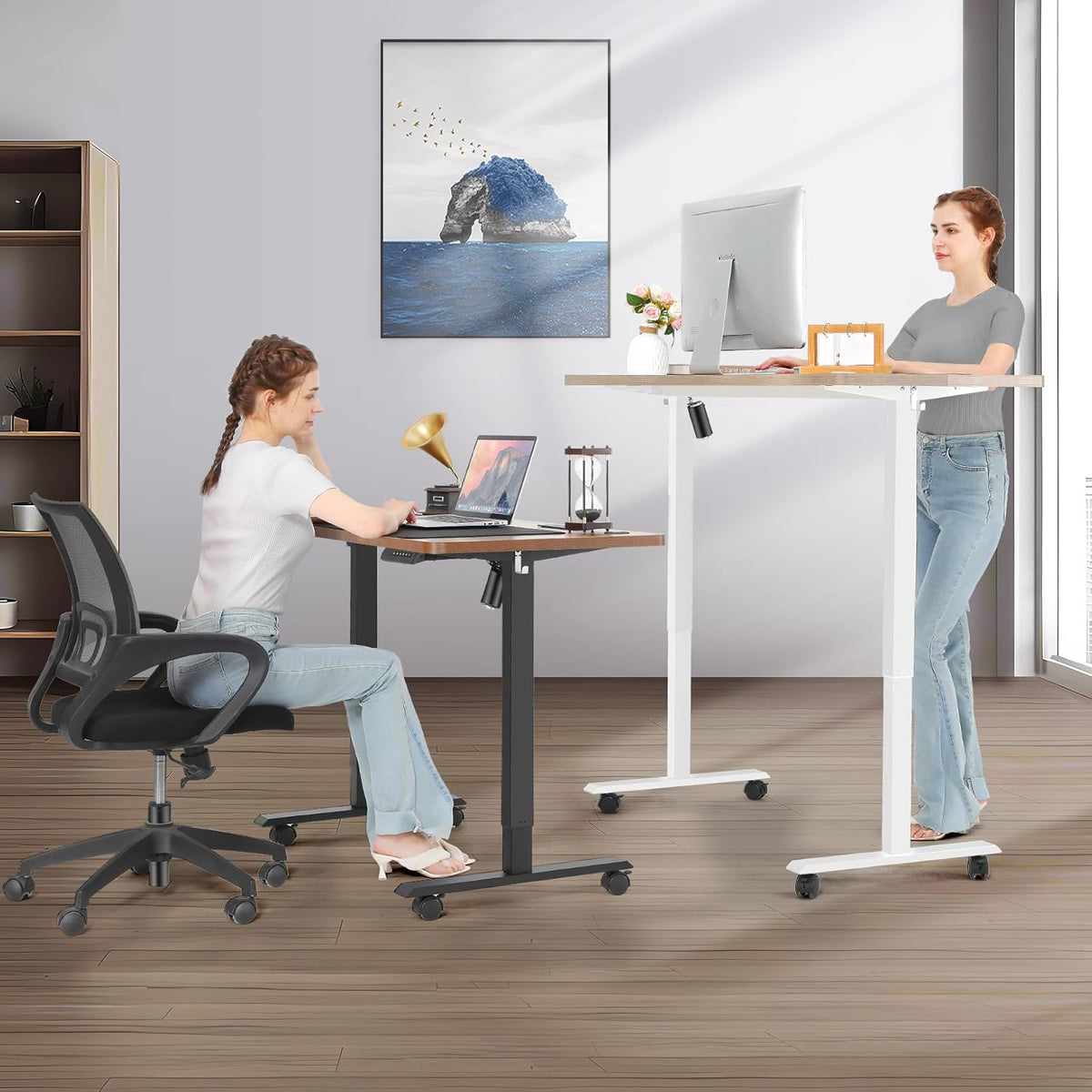 farexon Electric Standing Desk Adjustable Height, 48x 24 Inches Sit Stand Up Computer Desk with Double Metal Hook，4 Memory Preset Heights, 27''-46'' Lifting Range for Home/Office（Brown）