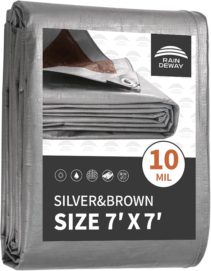 RAINDEWAY Tarps Heavy Duty Waterproof 7x7 Feet, 10Mil Multipurpose Poly Tarp