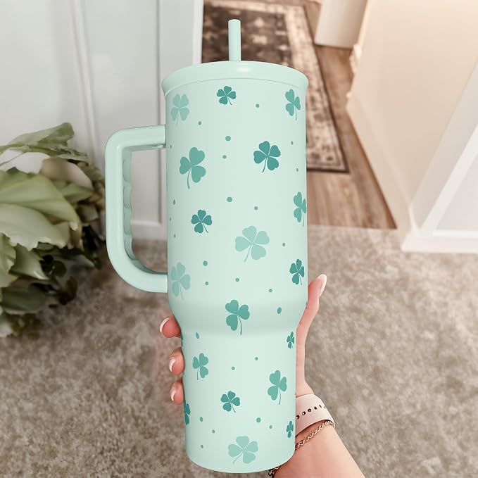 40oz Shamrock Tumbler with Handle and Straw - Insulated Stainless Steel Coffee Travel Mug, Christmas St. Patrick's Day Irish Gifts