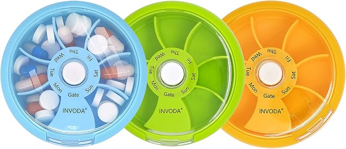 INVODA Weekly Pill Organizer 7 Compartment Rotating Pill Box