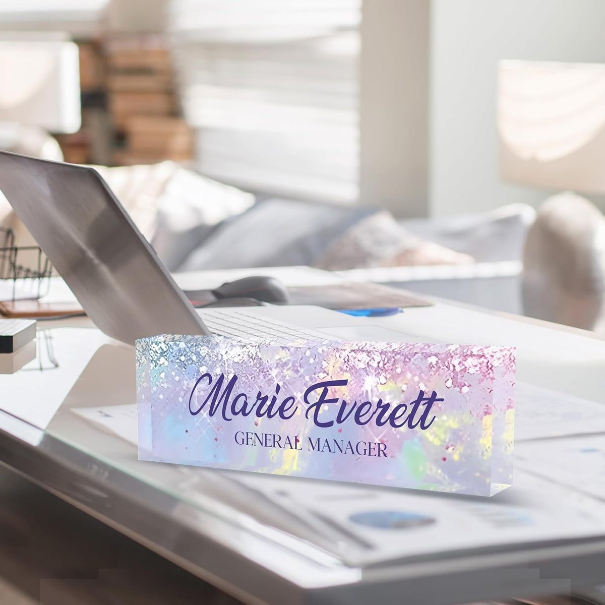 Custom Name Plate for Desk | Personalized Desk Name Plate | Personalized Boss Employee Appreciation Gifts | Acrylic Name Plate Office Desk Accessories (A-Colorful Purple Crystal)