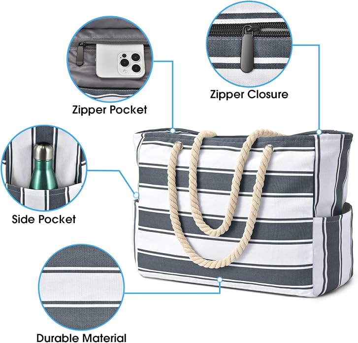 Becokan Beach Bags for Women Large Waterproof Beach Tote Bag Zipper Beach Bags