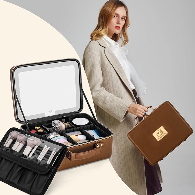 Makeup Bag with LED Mirror & Magnifier, Large Cosmetic Organizer Travel Makeup