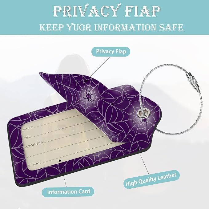 Halloween Luggage Tags Set of 2 Purple Spider Web Leather Suitcase Tags