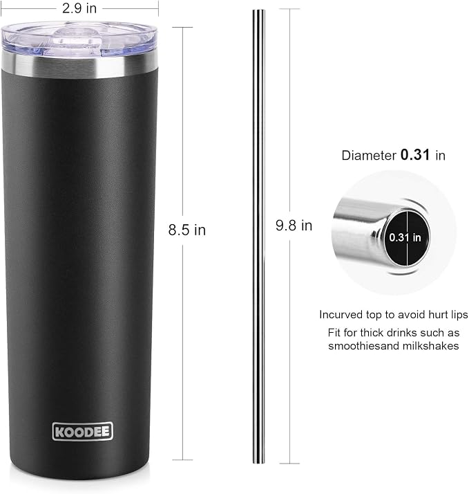 koodee 20 oz Stainless Steel Skinny Tumbler Double Wall Insulated Slim Water