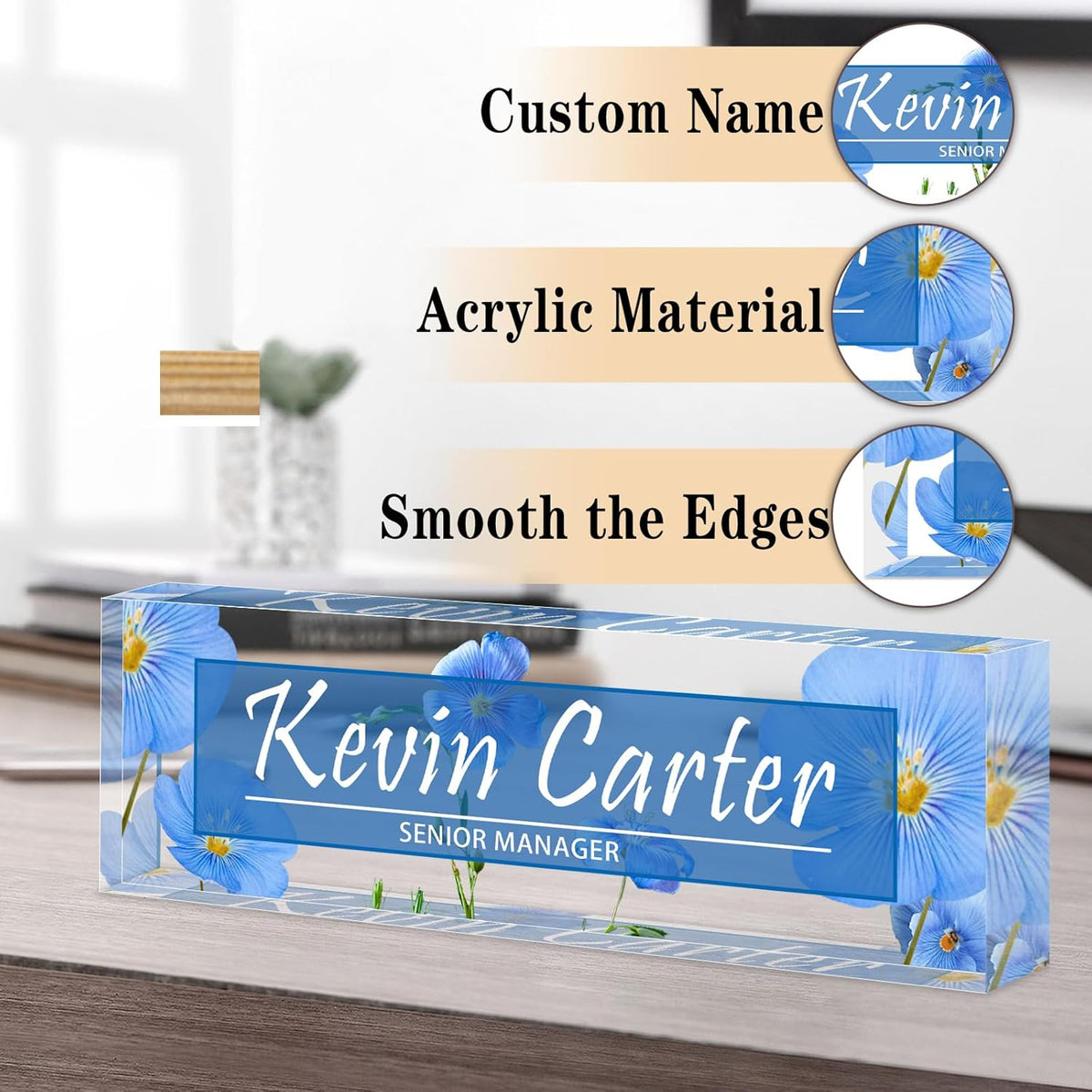 Name Plate for Desk Personalized, Acrylic Desk Decorations, Employee Appreciation Gifts, Custom Office Gifts for Coworkers, Boss, Teacher, Nurse (Blue Flowers)