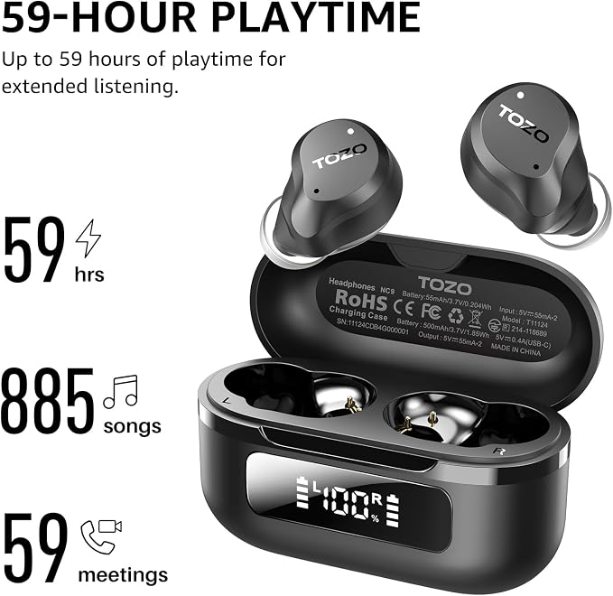 TOZO NC9 Hybrid Active Noise Cancelling Wireless Earbuds, 6 Mics ENC Clear Call