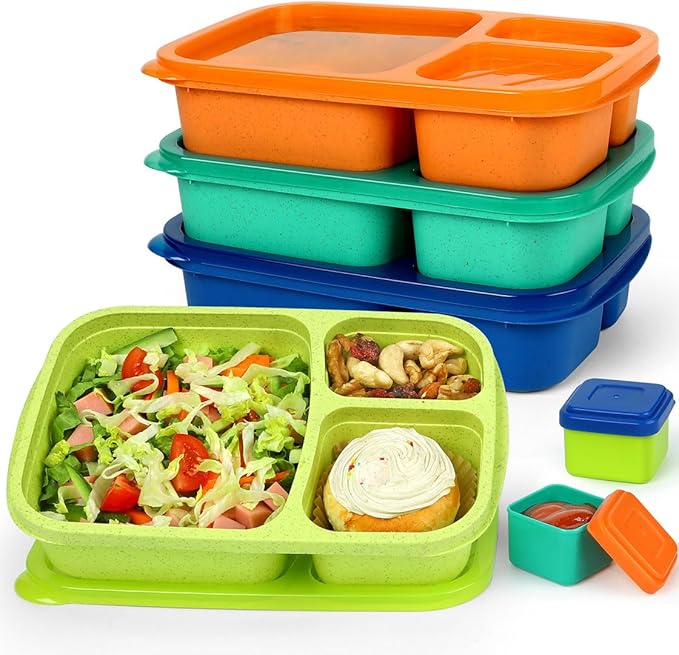Caperci Bento Lunch Box Containers for Adults & Kids - 3-Compartment Reusable Meal Prep Containers with 2Pc Sauce Containers for School, Work, Travel, Wheat Straw, Set of 4 (Jewel Brights)