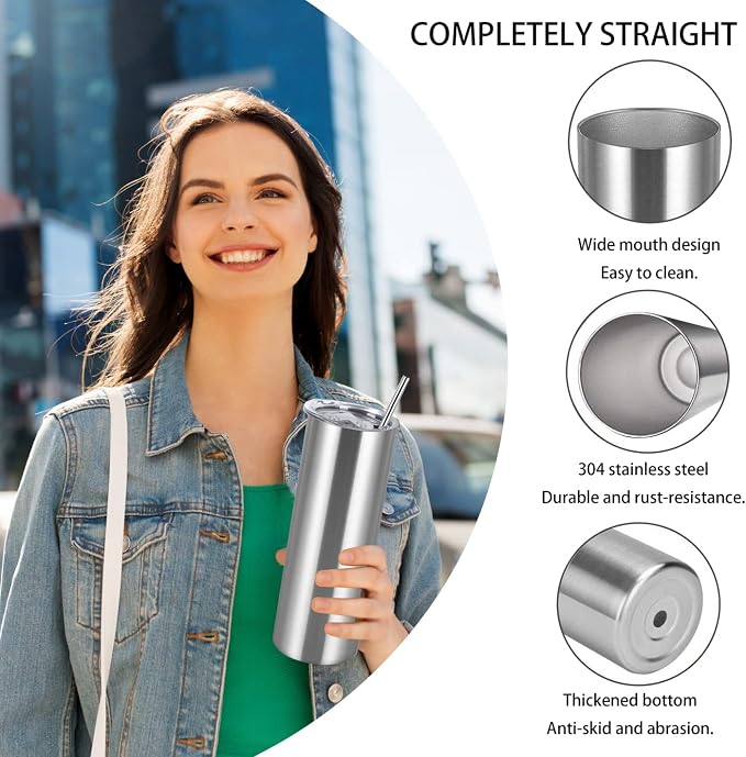 6 Pack 20 Oz Straight Skinny Tumblers,Individually Gift Boxed Stainless Steel Slim Skinny Tumbler Set Bulk, 20 Oz Insulated Slim Thin Travel Tumbler Cup for Diy, Silver