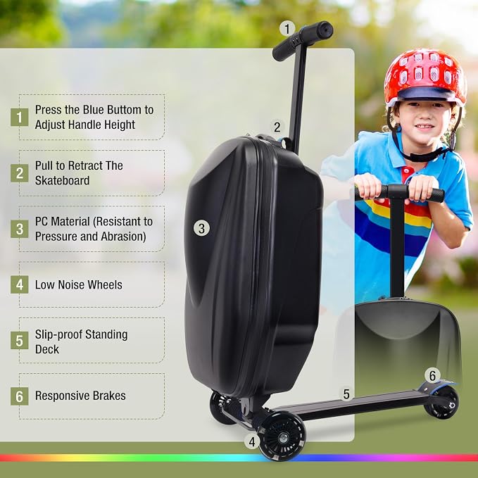 20" Scooter Suitcase for Kids, 2-in-1 Ride On Luggage