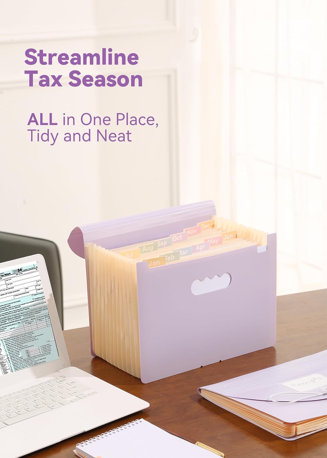 Accordion File Organizer 12 Pockets, Monthly Bill Receipt Tax Organizer, Expanding File Folders with Larger Bright Tabs, Fits Letter/A4 Size - Black - Purple