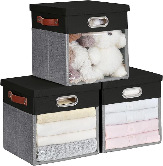 Fabric Storage Cubes with Clear Windows and Lids 11'' Foldable Storage Bins