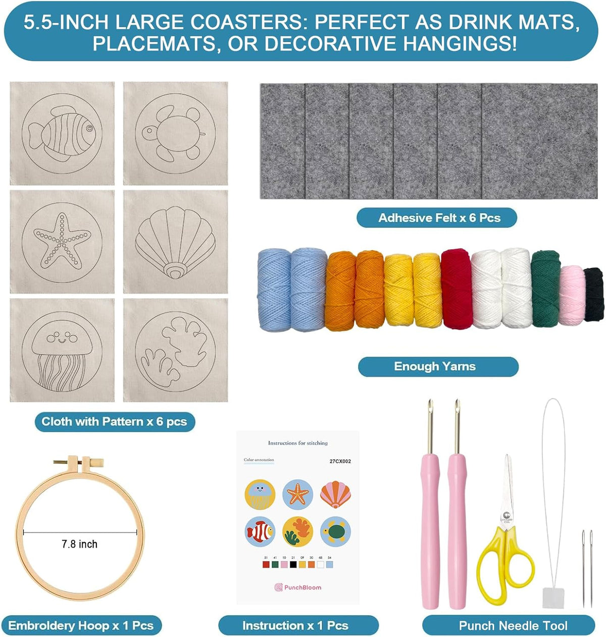 Punch Needl Kit for Adults Beginners, 6-Piece Marine Life Punch Coaster Starter Kit – Easy Embroidery Stitch Craft Set with Instructions – Fun Needle Point Tufting for Table Decor & Festival Gifts