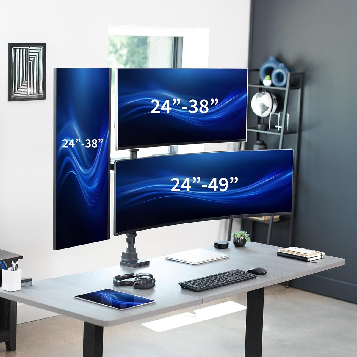 VIVO Pneumatic Arm Triple Ultrawide Monitor Extra Tall Desk Mount for Up to 49 inch Screens, Heavy Duty Clamp, Holds 3 Ultra Wides Up to 44 lbs, Black, STAND-V300D
