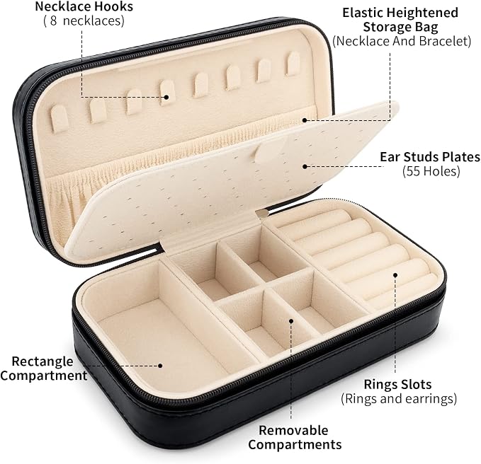 DesignSter Travel Jewelry Box, PU Leather Portable Jewelry Case, Small Jewelry
