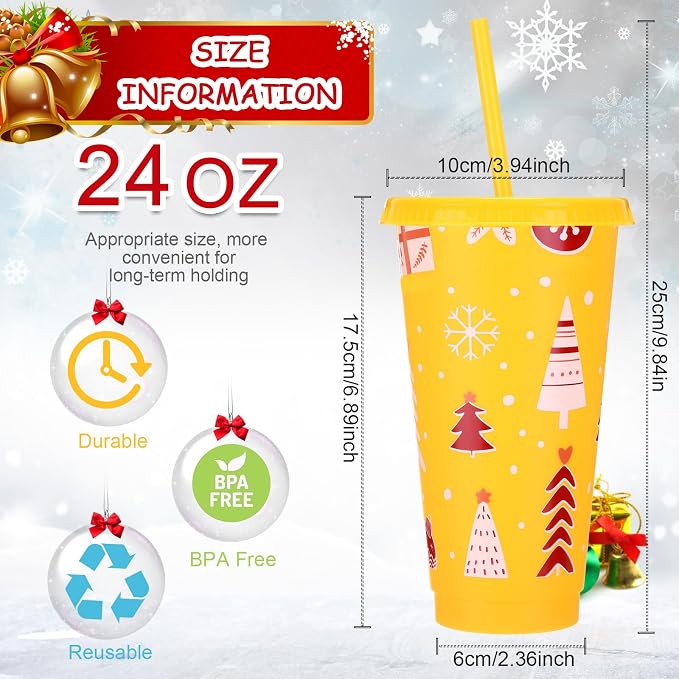 Honeydak 50 Pcs 24oz Christmas Cup Bulk Gift Tumbler with Straw and Lid Coffee Cups with Lids Holiday Gifts Bulk Reusable Plastic Water Bottle Iced Coffee Travel Mug for Party Birthdays