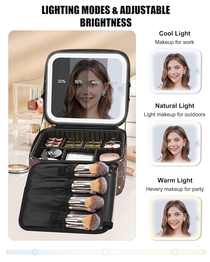 Relavel Travel Makeup Bag With LED Mirror, Portable Cosmetic Organizer Bag with