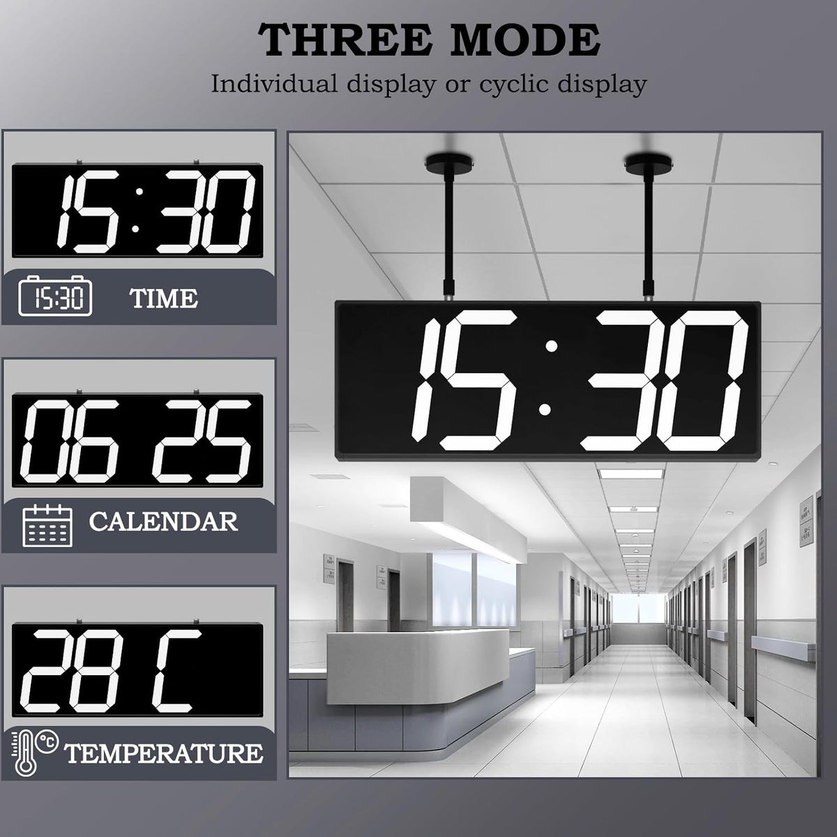 19.5'' Large Digital Wall Clock with Double Sided Display,Multi-Functional LED Hanging Digital Clock with Adjustable Brightness,Suitable for Offices, Warehouses, Corridors (White)
