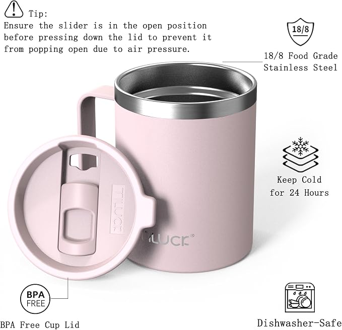 TILUCK 12 oz Insulated Coffee Mug with Lid, Double Wall Vacuum Insulated Travel Mug Cup with Handle for Hot or Cold Drinks（12oz，Matte LightPink）