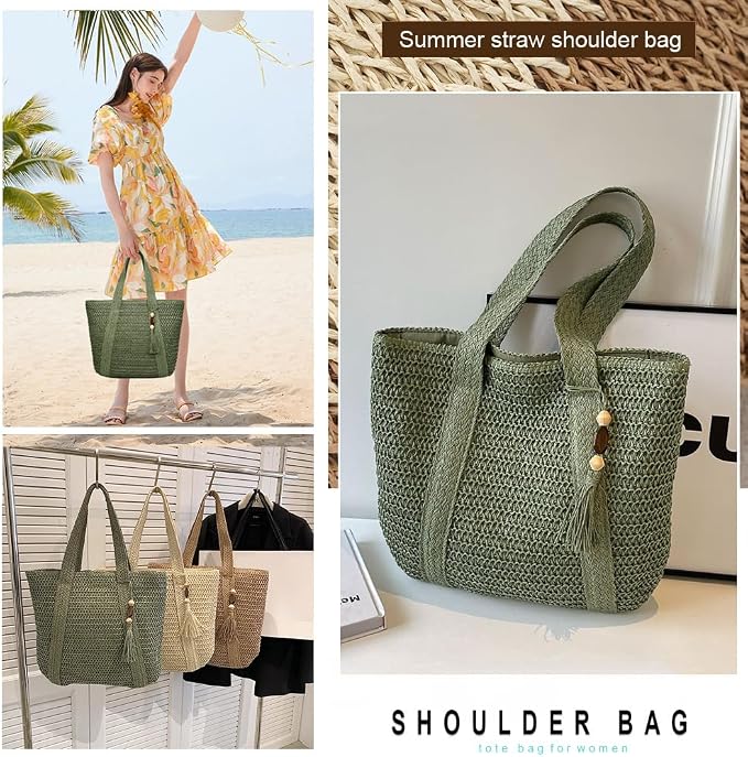 Straw Beach Bags for Women Woven Beach Tote Bag Casual Boho Large Shoulder