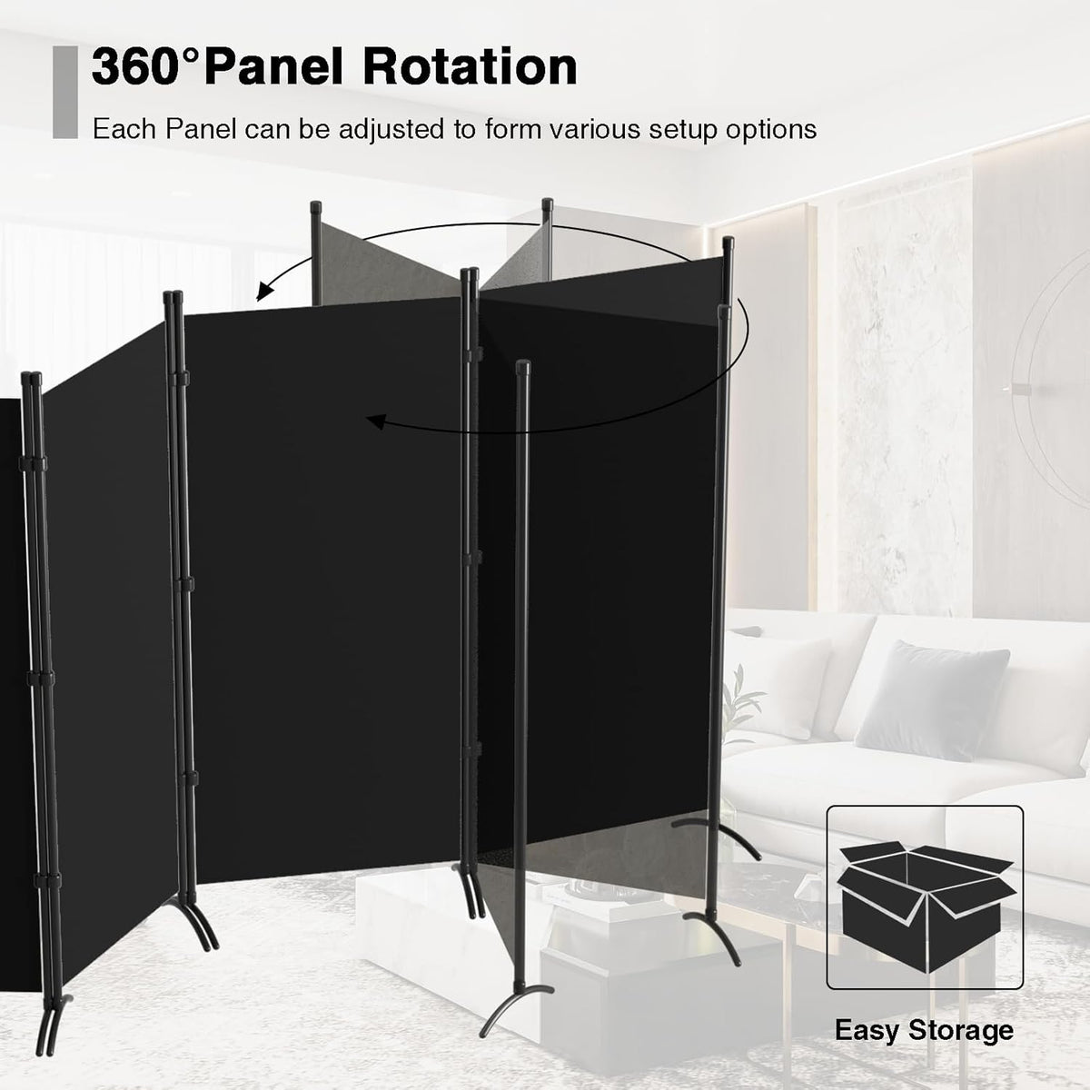 6 Panel Room Divider, 6FT Portable Room Dividers Folding Privacy Screens, 198" W Freestanding Fabric Divider for Room Separation, Partition Room Divider Panel for Dorm Home Studio Office, Black
