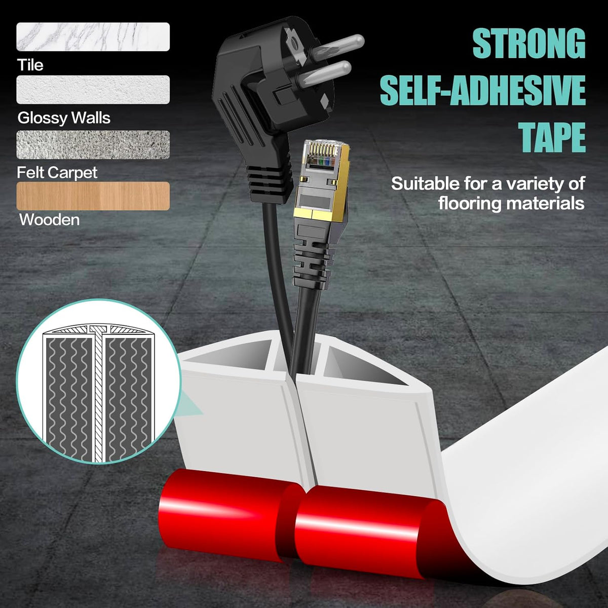 Floor Cord Cover Self Adhesive Cord Hider,3.3FT Cable Management, Extension Strip Protector for Wires, Prevent Cable Trips for Offices, Gyms, Exhibitions Cavity:0.3"(W) x 0.28"(H) White
