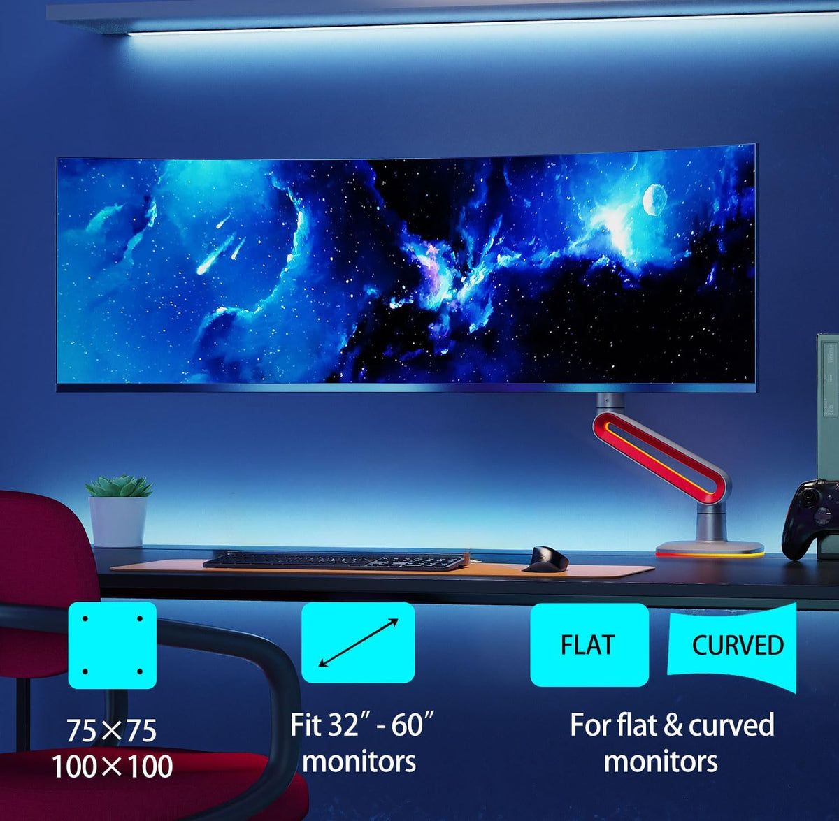 NB Designer Gaming Monitor Arm for 32 to 60 Inches Screen, Load up to 20 kg, VESA 75/100, RGB-Light, Heavy Duty, Multi Angle Adjustable, Premium Aluminum, Long Arm Extension Red