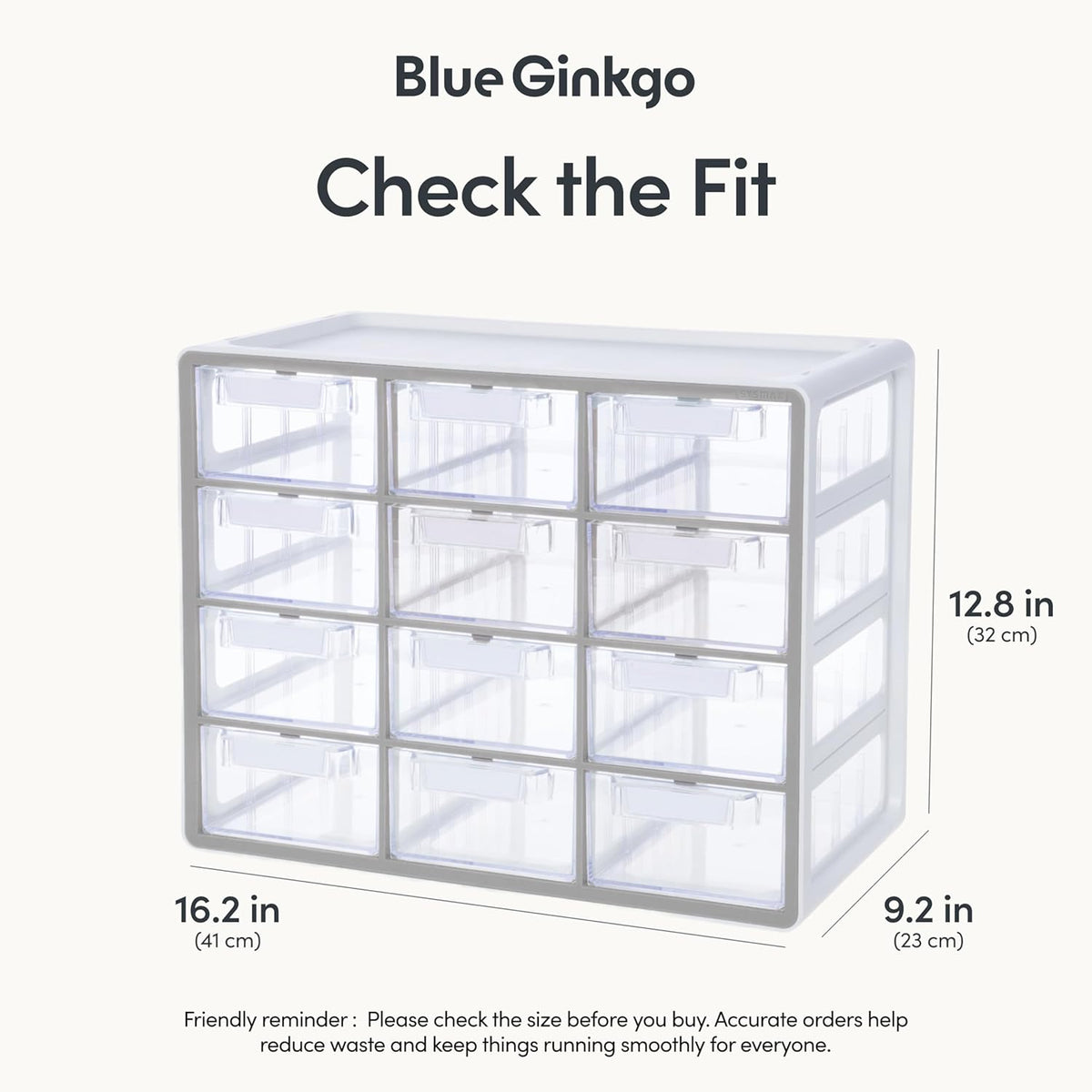 Blue Ginkgo Large 12-Drawer Cabinet – Stackable Clear Organizer for Hardware, Beads, Plastic Bricks, Office, and Craft Storage (Made in Korea, Gray)