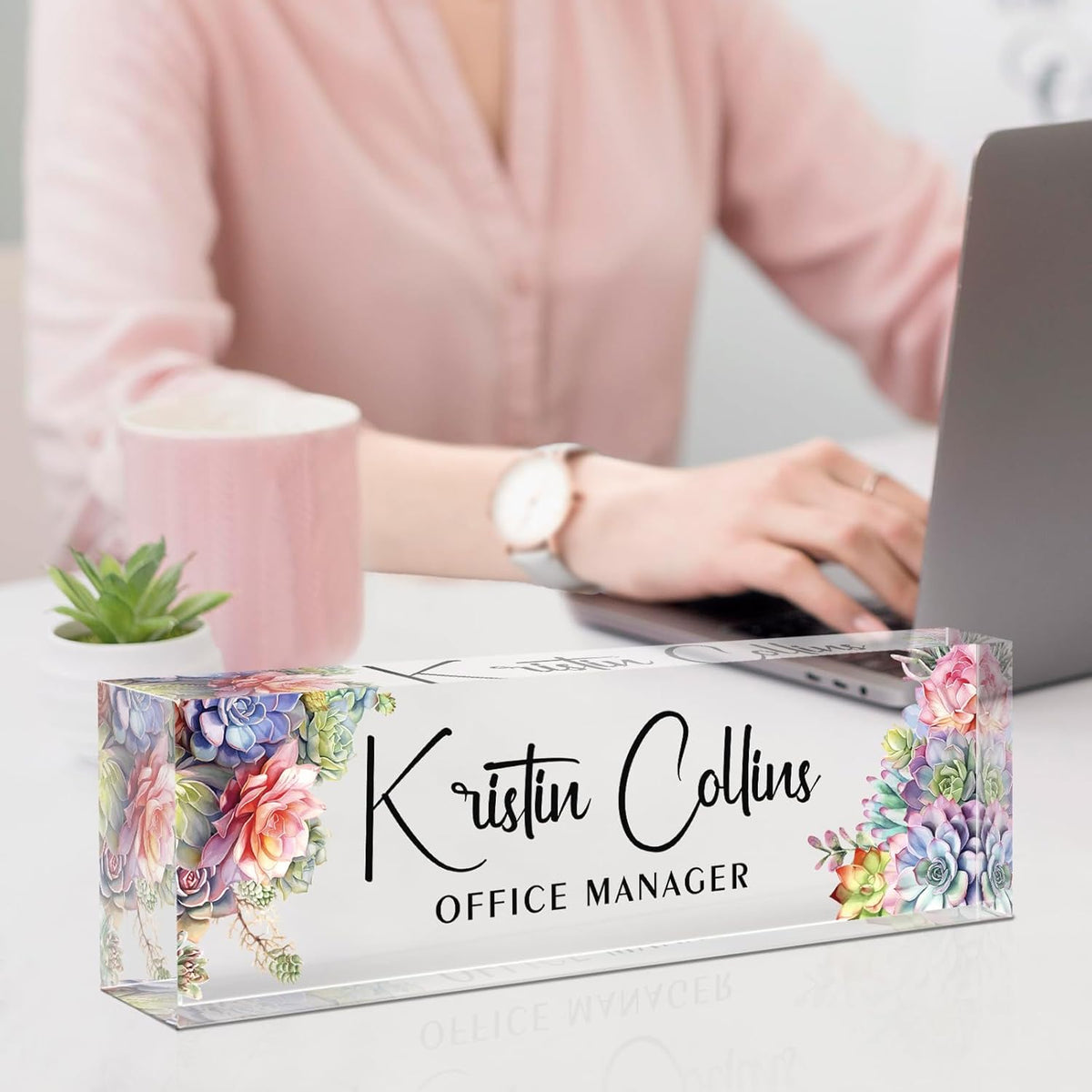 Custom Name Plate for Desk, Acrylic Office Decor For Women Men, Personalized Office Desk Accessories, Teacher Employee Appreciation Gifts For Social Worker Boss Coworkers (Succulent 1)