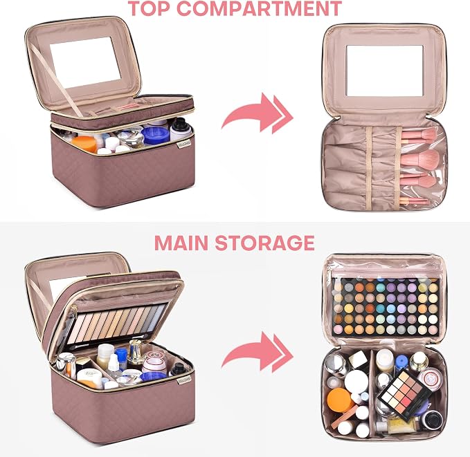 Large Makeup Bag with Mirror Double Layer Travel Make Up Organizer Case