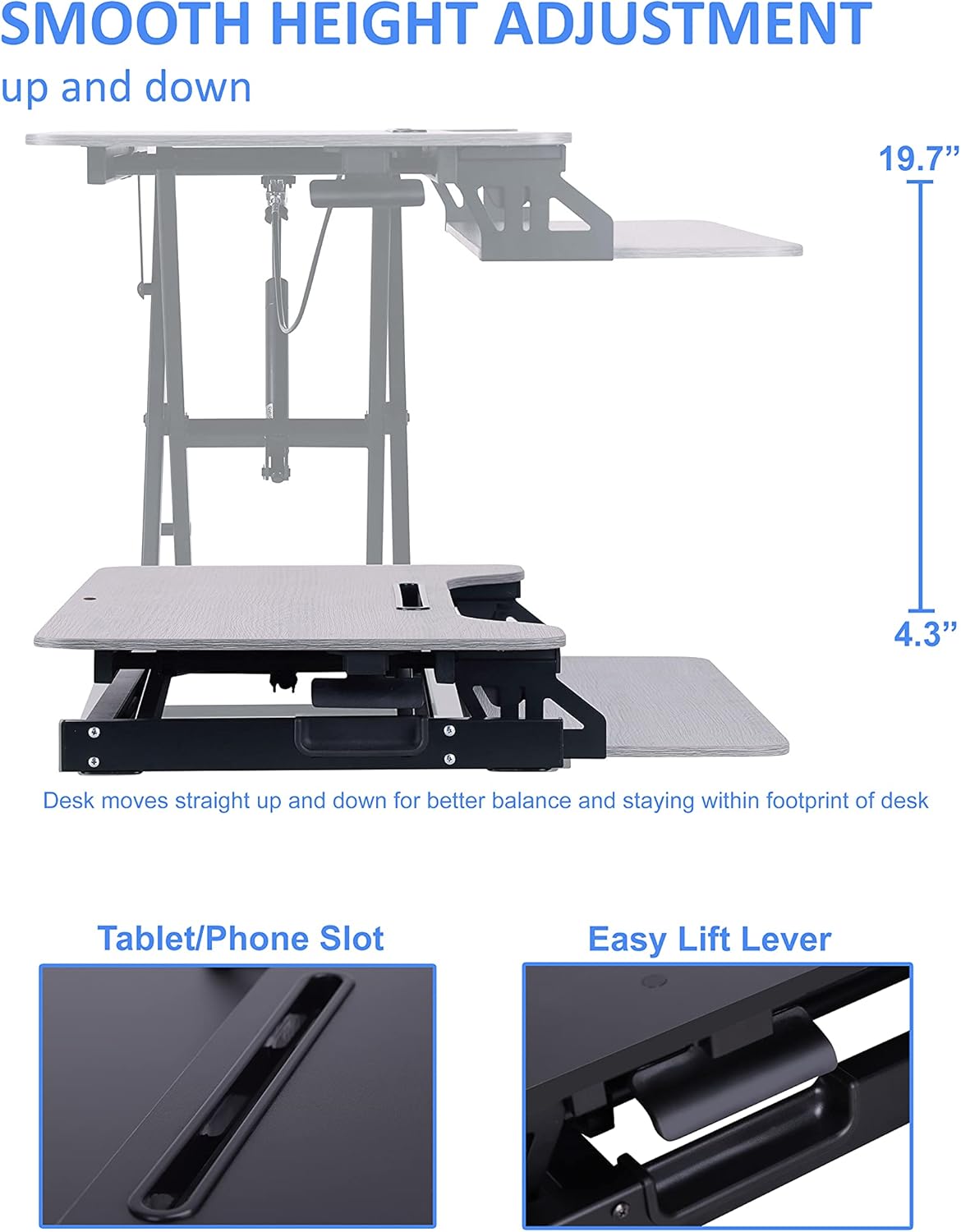 Rocelco Standing Desk Converter 31.5 Inch Sit Stand Up Dual Monitor Tabletop Riser with Tablet Mount, Height Adjustable Home Office Workstation - Deep Keyboard Tray for Laptop Mouse - Gray (R VADRG)