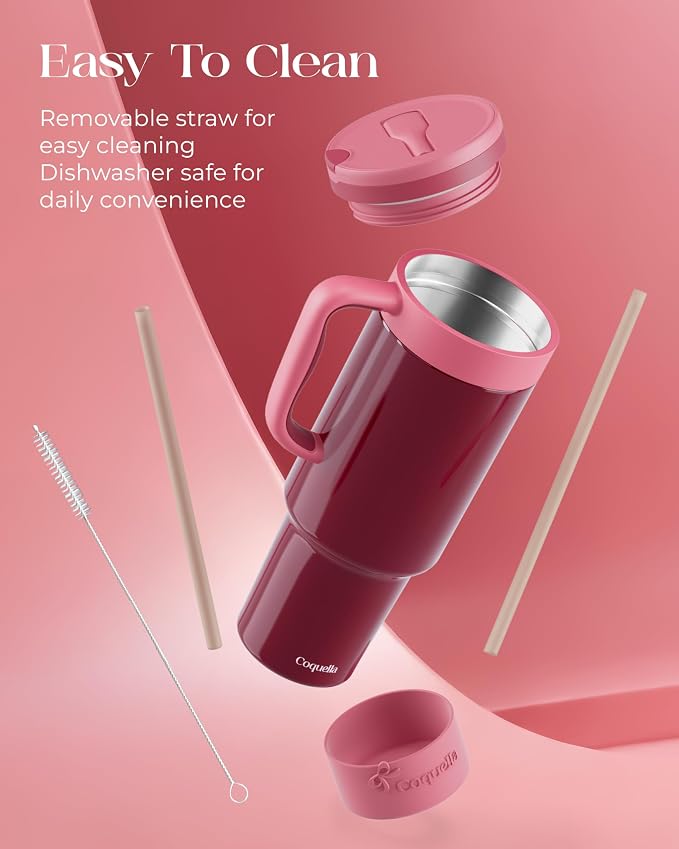 40 oz Insulated Tumbler with Handle and Push-Button Straw Lid, Stainless Steel Travel Cup for Gym Office, Leakproof, BPA-Free, Cup Holder Friendly, Bow Silicone Boot, Red (Wine Burgundy)