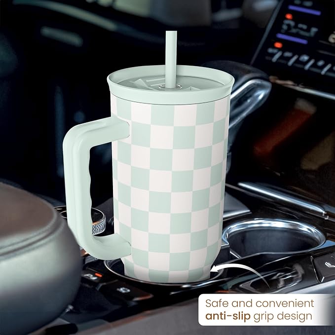 Checkered Tumbler with Handle 40oz, Mint Checker Cup Stainless Steel Insulated Tumblers Coffee Travel Mug Cups with Straw, Gifts for Women Girls Teen Birthday Christmas