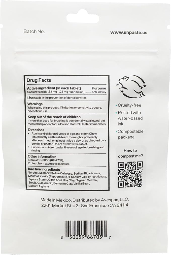Unpaste Toothpaste Tablets, New Formula, Fluoride Mint, Xylitol Free, Plastic