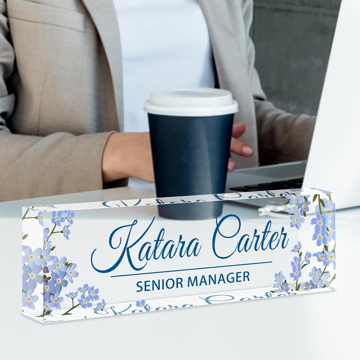 Name Plate for Desk Personalized, Acrylic Desk Decorations, Employee Appreciation Gifts, Custom Office Gifts for Coworkers, Boss, Teacher, Nurse (Blue Bouquet)