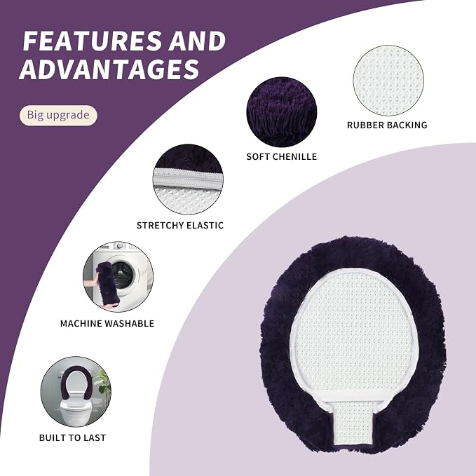 Microfiber Elongated Toilet Seat Cover 19.5"x 15" Machine Washable Solid Toilet
