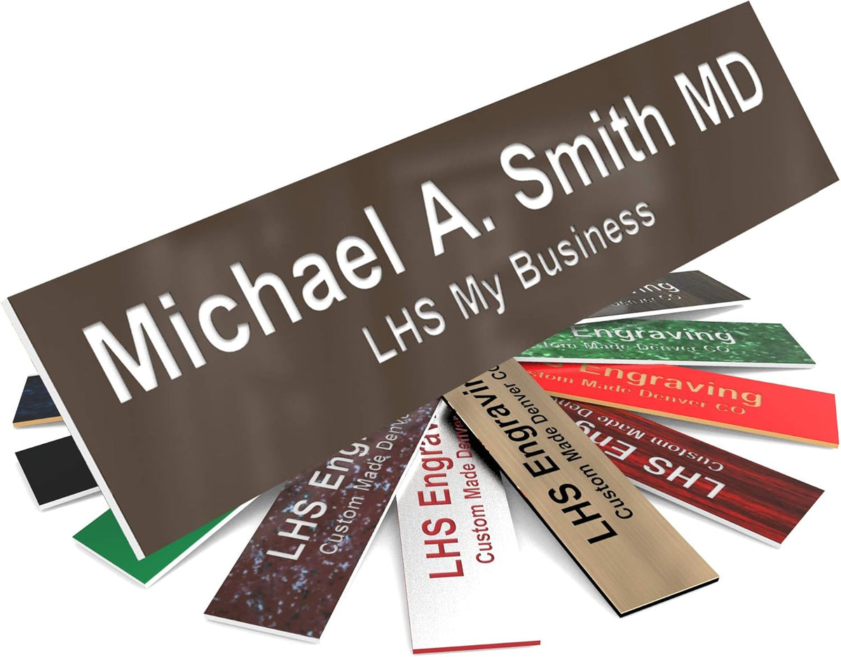 Door Name Plate Personalized for Office Brown Plastic Name Plate with White Letters - Made in USA 2x8 B25