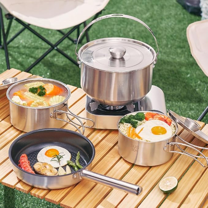 304 Stainless Steel Camping Cookware Set, Pots and Pans