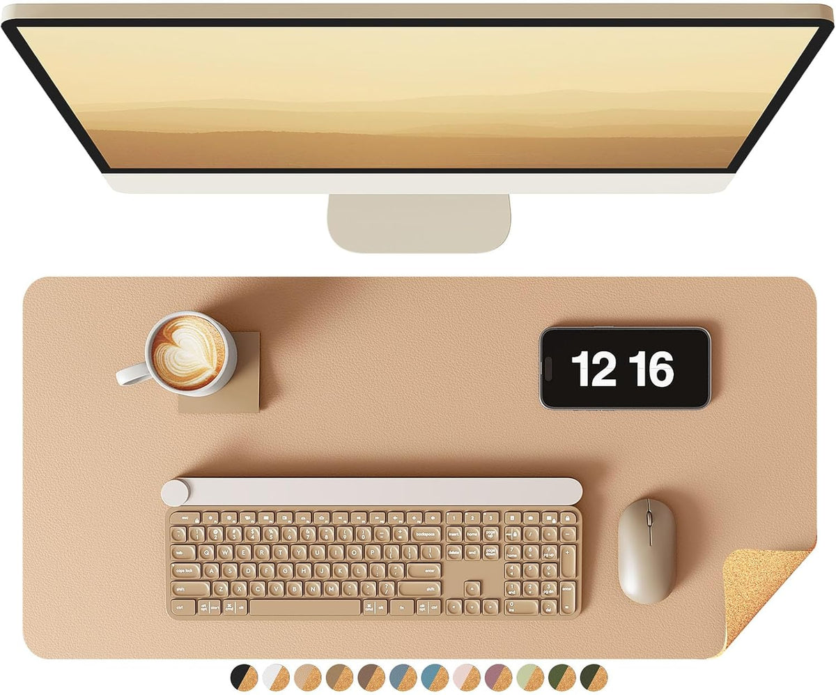YSAGi Double-Sided Desk Pad, Leather Desk Mat, Eco Cork Desk Pad Protector, Large Mouse Pad for Desk, Waterproof Desk Blotter Pad, Writing Pad for Office/Home(23.6"x13.7",Apricot)