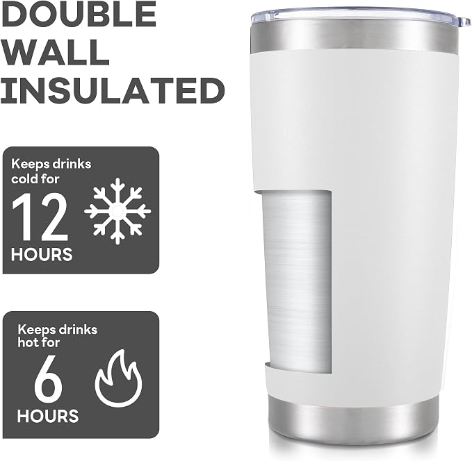 20 oz Tumbler with Lid Stainless Steel Double Wall Vacuum Insulated Tumblers Powder Coated Cups Travel Mug Keep Drinks Cold and Hot, White