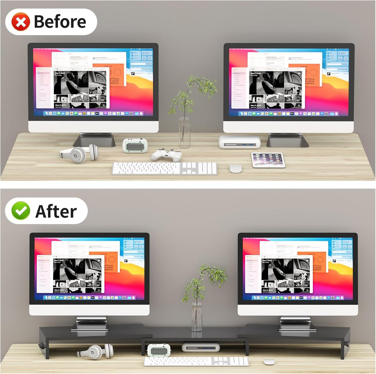 Pholiten Dual Monitor Stand Riser for 2 Monitors，Desktop Monitor Stand with Adjustable Length and Swivel Angles, Extra Long Multifunctional Stand up to 48.2" fit Computer Laptop Printer Max 44 lbs