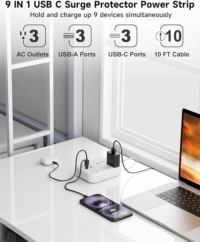 6 USB Surge Protector Power Strip- Extension Cord 10 Ft