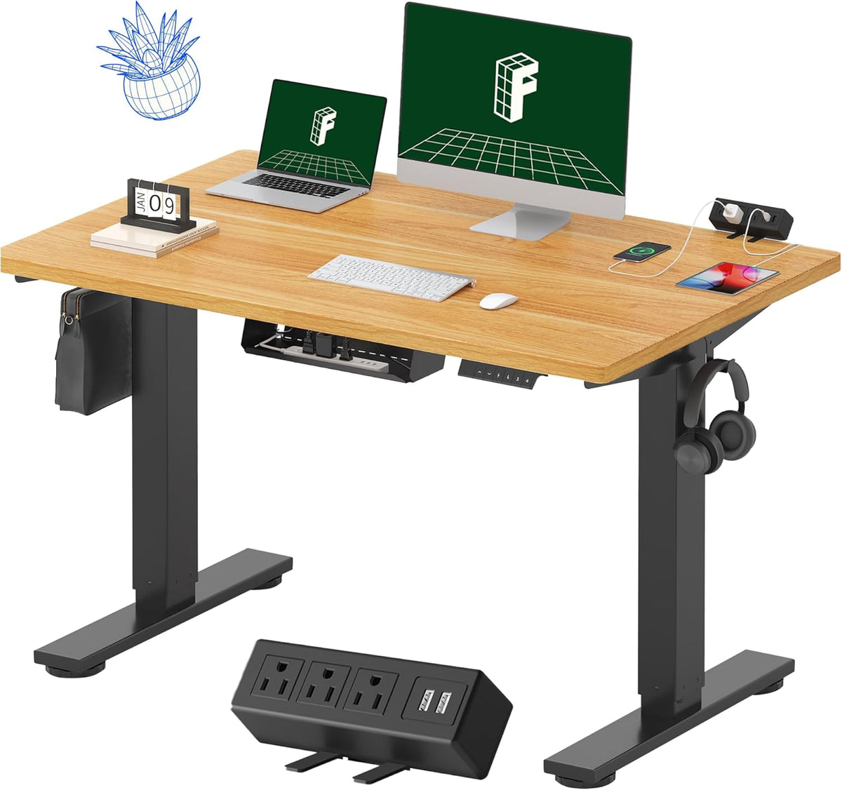 FLEXISPOT EN2 Whole-Piece Standing Desk with Clamp Power Strip, 48 x 30 Electric Stand Up Height Adjustable Desk with Cable Management (Black Frame + 48" Maple Top, 2 Packages)