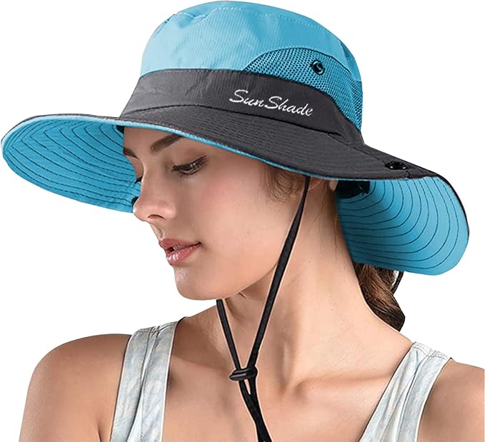 ZOORON Women's Ponytail Safari Sun Hat, Wide Brim UV Protection Outdoor Bucket