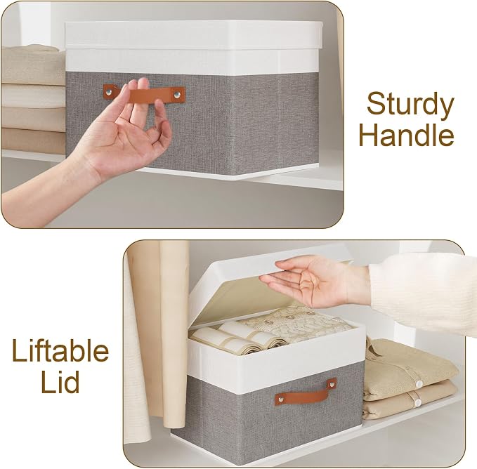 Fabric Storage Bins with Lids, 3 Pack Linen Foldable Cloth Baskets, 15 x 9.8 x