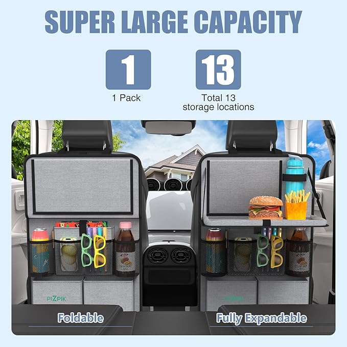 Car Backseat Organizer with Tablet Holder, 11 Storage Pockets with Foldable