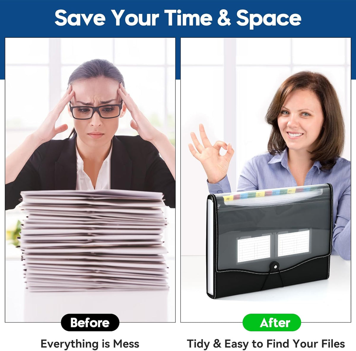 12-Pocket-Expanding File-Folder,Accordion-File-Organizer, A4/US Letter Size Paper Receipt Organizer Accordian Filing Folders (Black-T-12 Pockets)
