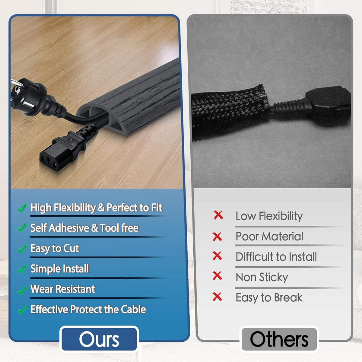 Floor Cord Cover for Wires on Floor Self Adhesive Cord Hider Floor Cable Management Wire Covers for Cords Protector Prevent Cable Trips Cord Cavity W 0.59" x H 0.31", Deep Gray Wood, 10Ft