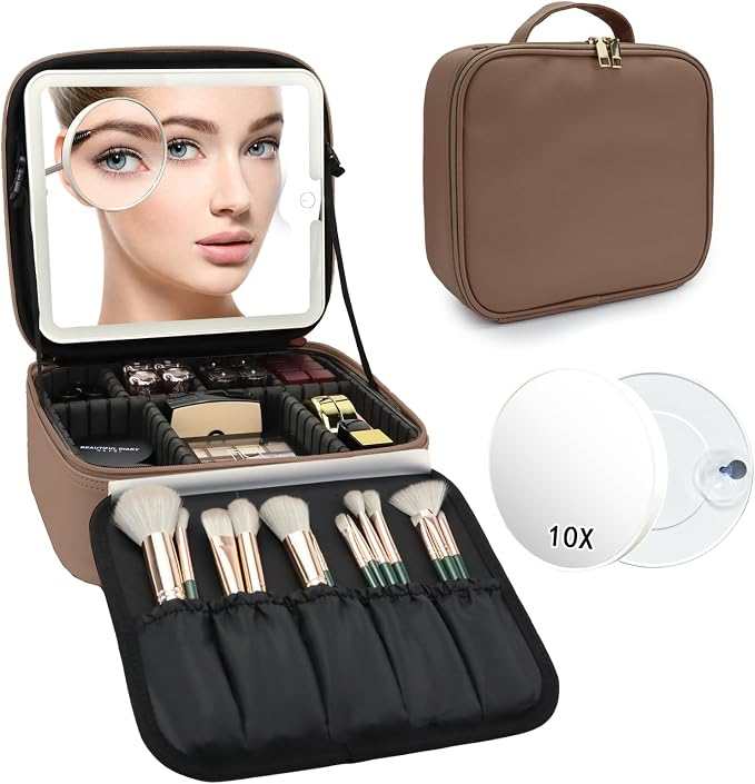 Travel Makeup Bag with LED Mirror and 10x magnifying glass with 3 Lighted