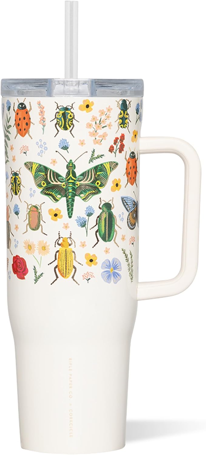 Corkcicle x Rifle Paper Co. Cruiser Insulated Tumbler with Handle & Straw - Keeps Drinks Cold 20 Hours - BPA-Free - Gift for Mom - Great for Mother's Day or Christmas - 40 oz - Curio Cream